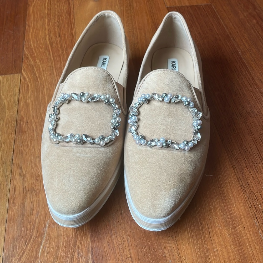 Karl Lagerfeld tan suede loafers with pearl/rhinestones. Size 6